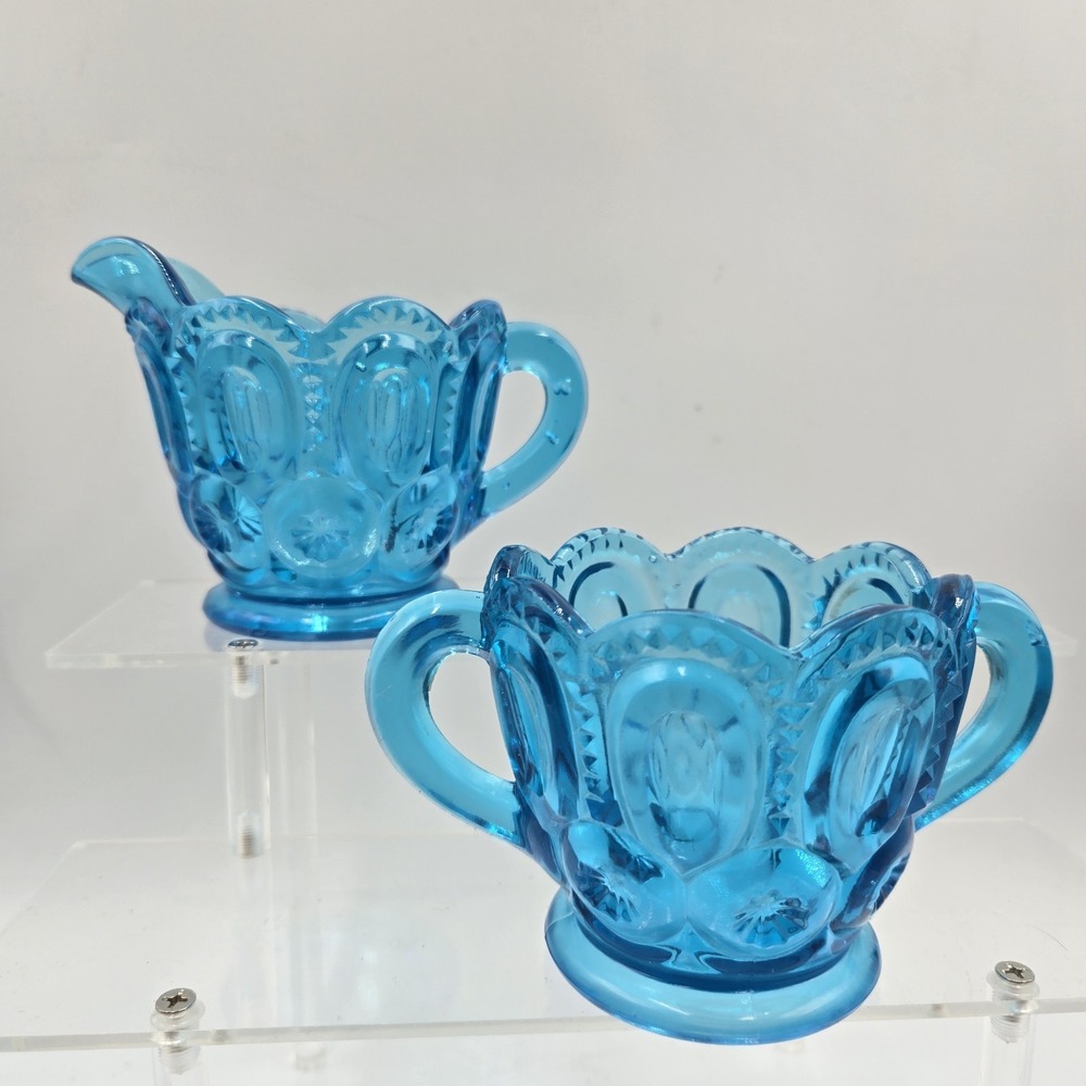 Vtg Creamer & Sugar Bowl 2pc L.E. Smith Moon and Stars Colonial Blue Glows Green